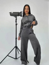 EVE Solid Color Long Sleeve Hooded Two Piece Pants Set MIL-T083