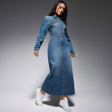 EVE Long Sleeve Lapel Split Denim Maxi Dress GDAM-218616