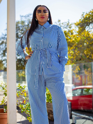 EVE Print Stripe Long Sleeve Tie Up Two Piece Pants Set MIL-T091