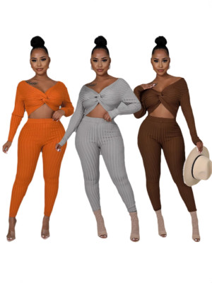 EVE Solid Color Knotted Skinny Casual Pants Two Piece Set SXF-Z2031