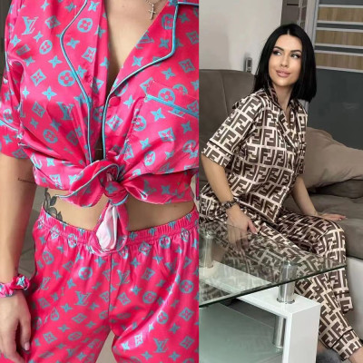 VIP1 Ice Silk Pajamas Short Sleeve Loungewear Suit(With Hair Bands) QYLF-DD0128