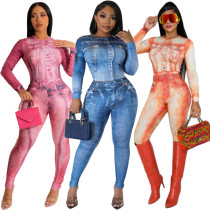EVE Fashion Print Long Sleeve Tight Two Piece Set SXF-A89028