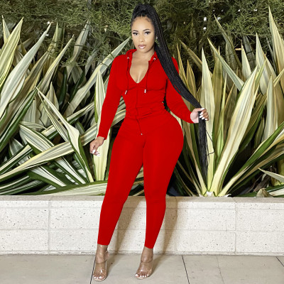 EVE Solid Hooded Zipper Sport Two Piece Pants Set TE-4707