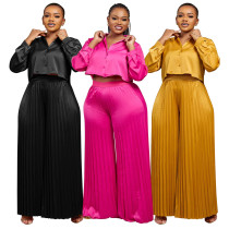 EVE Plus Size Solid Shirt And Pleated Wide Leg Pants 2 Piece Set NNWF-N8034