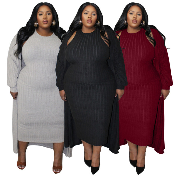 EVE Plus Size Solid Color Coats And Dress 2 Piece Set NNWF-N8057