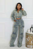 EVE Denim Washed Long Sleeve Zipper Two Piece Set NYF-8182