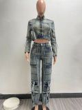 EVE Denim Washed Long Sleeve Zipper Two Piece Set NYF-8182