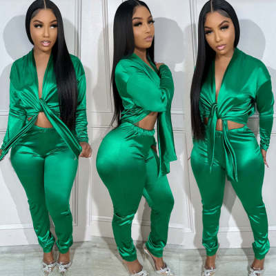 EVE V Neck Long Sleeve Silk Skinny Pant Suit GDIM-D2429