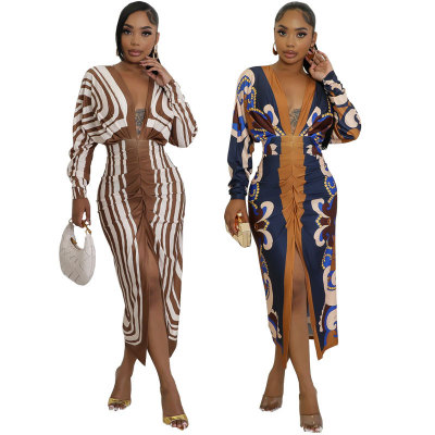 EVE Long Sleeve Print Pleated Split Long Dress XHXF-434