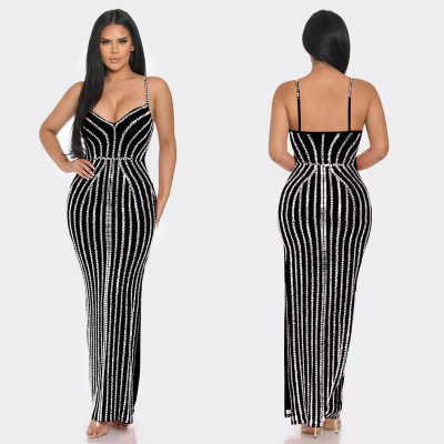EVE Solid Color Sling Hot Drill Maxi Dress GOSD-OS7031