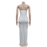 EVE Solid Color Sling Hot Drill Maxi Dress GOSD-OS7031
