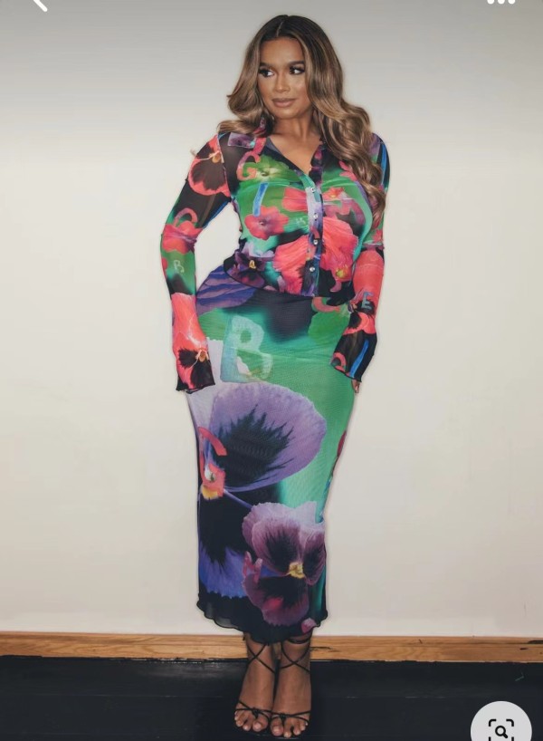 Double Mesh Printed Two Piece Skirts Set QOUY-M6027