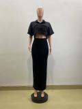 EVE Solid Color Shirt Neck Tops Two Piece Skirts Set QOUY-M6022