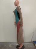 EVE Multicolor Patchwork Long Sleeve Slim Maxi Dress ORY-Y5263