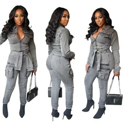 EVE Fashion Denim Long Sleeve Belt Jumpsuit MEM-MZ88601