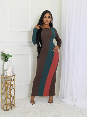 EVE Multicolor Patchwork Long Sleeve Slim Maxi Dress ORY-Y5263