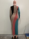 EVE Multicolor Patchwork Long Sleeve Slim Maxi Dress ORY-Y5263