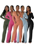 EVE Solid Color Zipper Bodysuit And Pants 2 Piece Set CH-HR24062