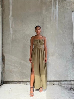 EVE Solid Color Blackless Tie Up Maxi Dress QOUY-M6035