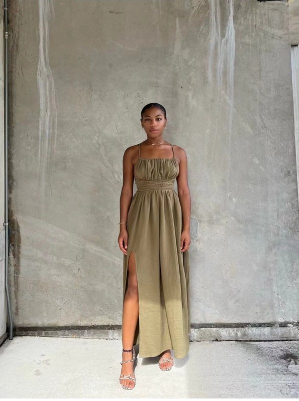 EVE Solid Color Blackless Tie Up Maxi Dress QOUY-M6035