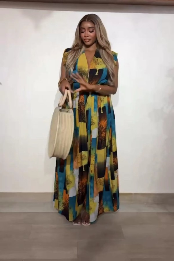 V Neck Print Sleeveless Wide Leg Jumpsuit QOUY-M6041