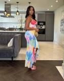 EVE Sling V Neck Multicolor Print Ruffled Midi Dress QOUY-M6044
