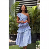 EVE Slant Shoulder Vintage Ruffle Stripe Dress QOUY-M6037
