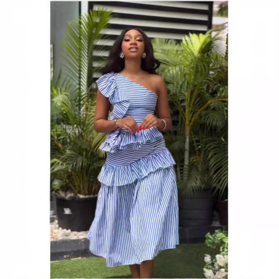 EVE Slant Shoulder Vintage Ruffle Stripe Dress QOUY-M6037