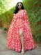 EVE U Neck Print Lantern Sleeve Split Maxi Dress QOUY-M6015