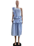 EVE Slant Shoulder Vintage Ruffle Stripe Dress QOUY-M6037