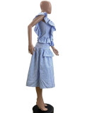 EVE Slant Shoulder Vintage Ruffle Stripe Dress QOUY-M6037