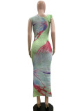 EVE Mesh Slash Neck Print Maxi Dress QOUY-M6042