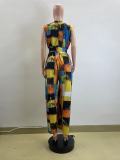 V Neck Print Sleeveless Wide Leg Jumpsuit QOUY-M6041