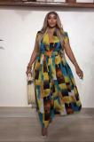 V Neck Print Sleeveless Wide Leg Jumpsuit QOUY-M6041