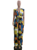 V Neck Print Sleeveless Wide Leg Jumpsuit QOUY-M6041