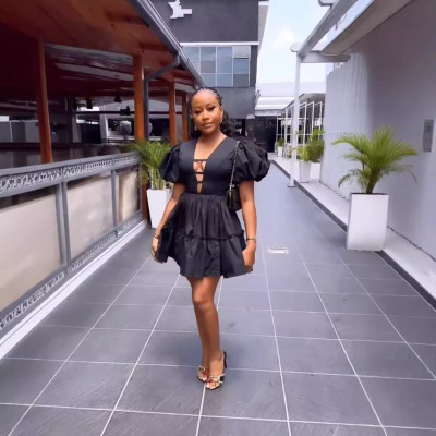 EVE V-neck Bubble Sleeve Patchwork A-line Dress QOUY-M6040