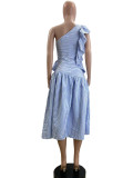 EVE Slant Shoulder Vintage Ruffle Stripe Dress QOUY-M6037