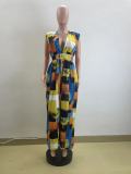V Neck Print Sleeveless Wide Leg Jumpsuit QOUY-M6041