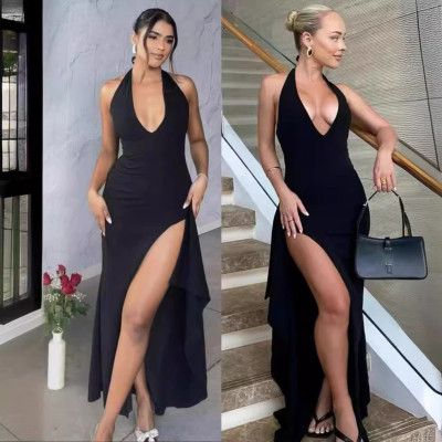 EVE Deep V Neck Halter Backless Split Maxi Dress QOUY-M6032