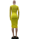 EVE Solid Color Long Sleeve Pleated Midi Dress QOUY-M6003