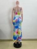 EVE Sling V Neck Multicolor Print Ruffled Midi Dress QOUY-M6044