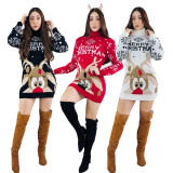 EVE Christmas Elk Print Turtleneck Knit Dress GKLZ-6167
