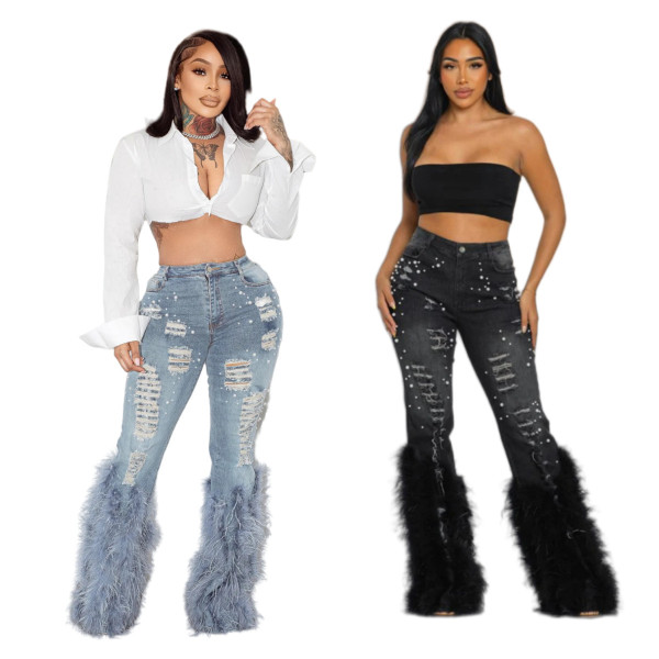 EVE Casual Beaded Long Whiskered Jeans OD-8711