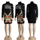 EVE Christmas Elk Print Turtleneck Knit Dress GKLZ-6167