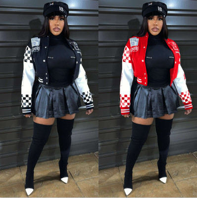 EVE Ribbed Color Block Print Baseball Jacket YNSF-2663