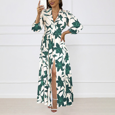 Fashion Print Long Sleeve V Neck Maxi Dress GYLY-10559