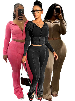 EVE Washed Hooded Zipper Flared Pants Two Piece Set CH-24063