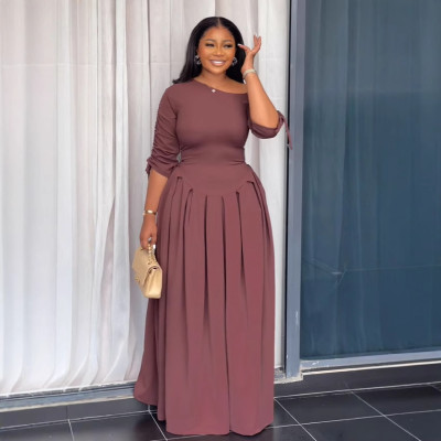 EVE Slash Shoulder Pleated Long Sleeve Maxi Dress NY-3302