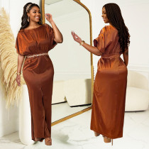 EVE Short Sleeve Belted Solid Color Maxi Dress BY-C7103