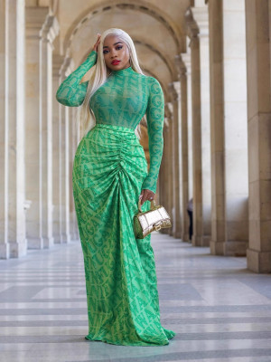 EVE Mesh Long Sleeve Tops And Long Skirts Two Piece Set QODY-6050